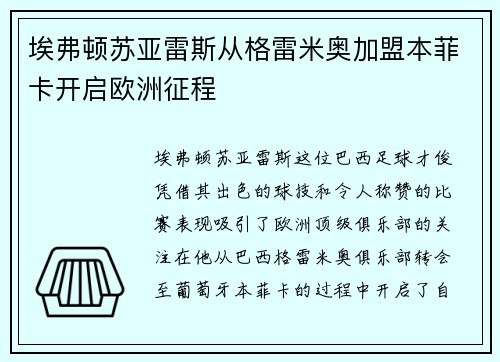埃弗顿苏亚雷斯从格雷米奥加盟本菲卡开启欧洲征程